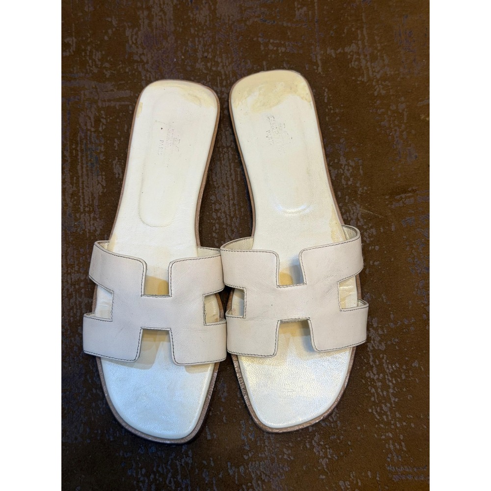 Hermes Oran Sandals Cream Epsom Leather H Cutout Flat Slides 41 Italy